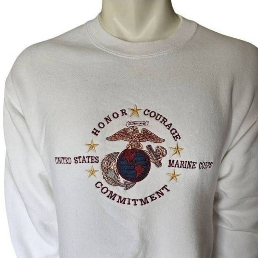 Vintage Jerzees USA Made USMC Marine Corps Sweatshirt White Embroidered Size M